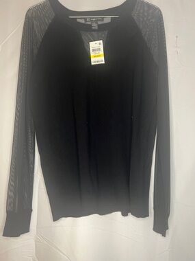 INC International Concepts Black Mesh-Sleeve Knit Top